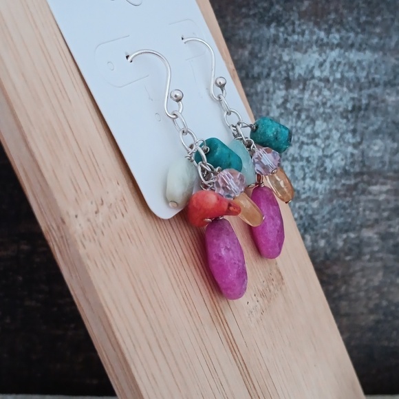 Silver Tone Multi Colored Beaded Dangle Earrings - Picture 6 of 8